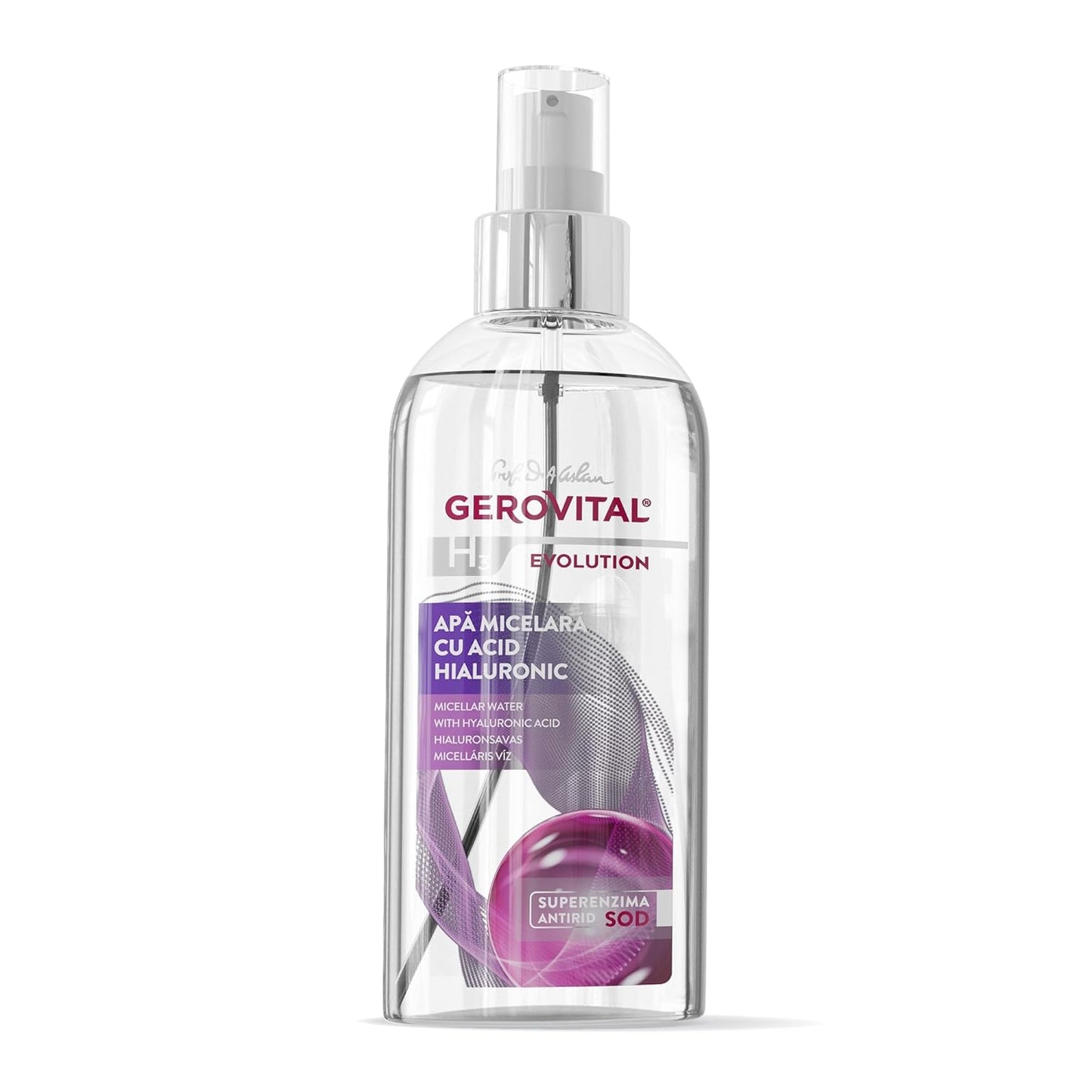 GEROVITAL EVOLUTION Micellar Water with Hyaluronic Acid, Facial Cleanser, Hydrating Makeup Remover, with Anti-Aging Super-Enzyme Superoxide Dismutase SOD, 150 ml