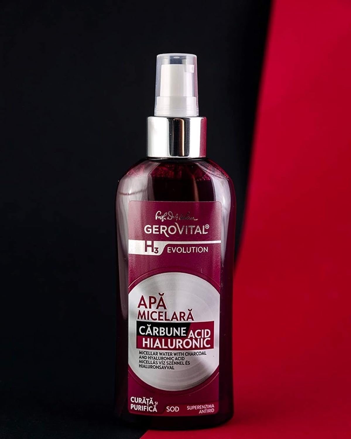 GEROVITAL EVOLUTION Micellar Water with Hyaluronic Acid and Charcoal, Skin Cleanser and Toner, Hydrating Makeup Remover for All Skin Types, 150 ml