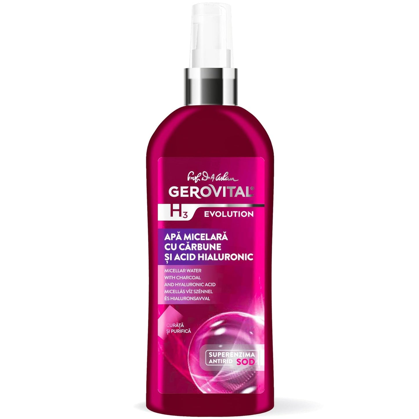 GEROVITAL EVOLUTION Micellar Water with Hyaluronic Acid and Charcoal, Skin Cleanser and Toner, Hydrating Makeup Remover for All Skin Types, 150 ml