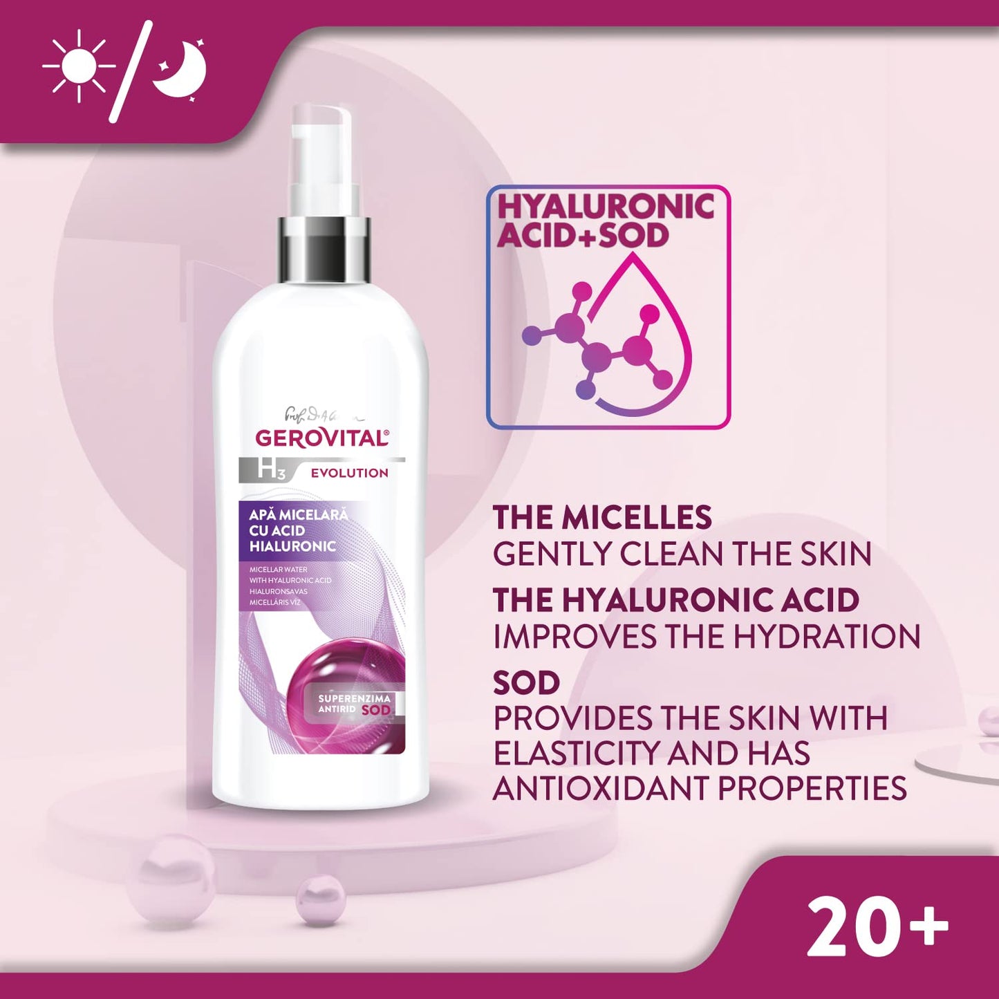 GEROVITAL EVOLUTION Micellar Water with Hyaluronic Acid, Facial Cleanser, Hydrating Makeup Remover, with Anti-Aging Super-Enzyme Superoxide Dismutase SOD, 150 ml
