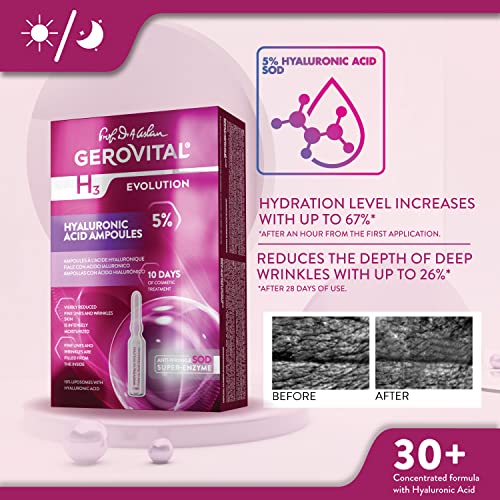 GEROVITAL EVOLUTION Hyaluronic Acid Serum for Face - Moisturizer, Regenerating, Hydrating Serum, Anti-Wrinkle, Anti-Aging Facial Serum for Fine Lines and Increased Skin Elasticity, 10 Vials x 2ml