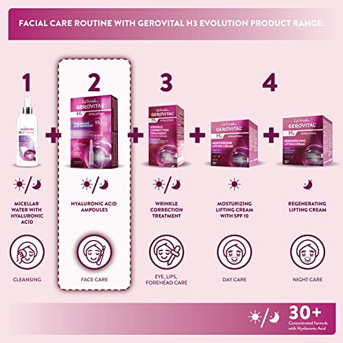 GEROVITAL EVOLUTION Hyaluronic Acid Serum for Face - Moisturizer, Regenerating, Hydrating Serum, Anti-Wrinkle, Anti-Aging Facial Serum for Fine Lines and Increased Skin Elasticity, 10 Vials x 2ml