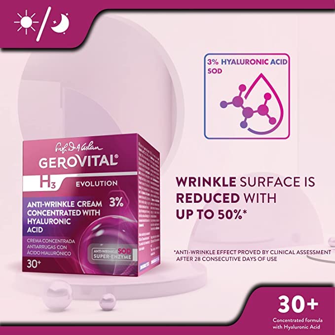 Gerovital H3 Evolution - Anti-wrinkle Cream Concentrated with Hyaluronic Acid 3%, 30+, 50 ml
