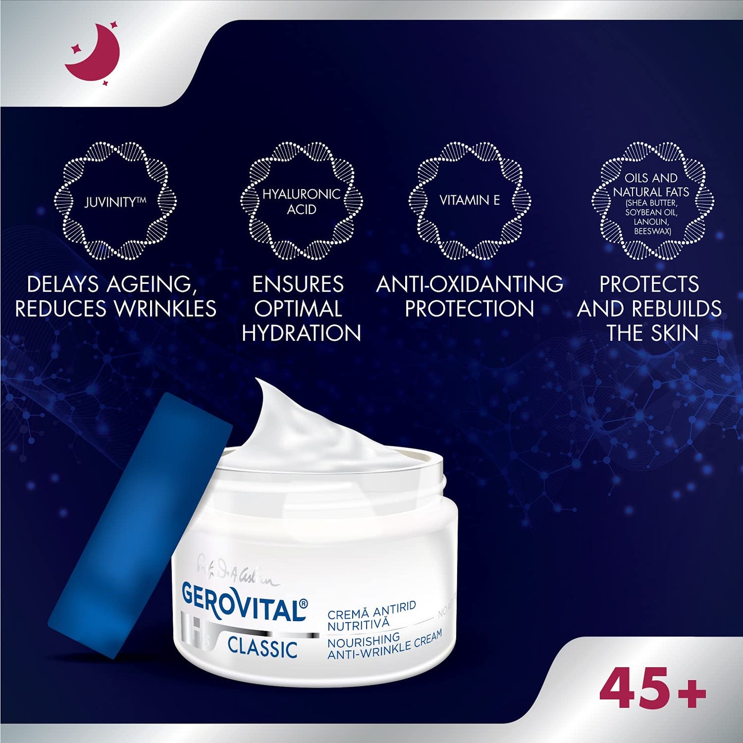 Gerovital H3 Classic - Nourishing Anti-Wrinkle Night Cream with Juvinity™ + Vitamin E + Hyaluronic Acid, 45+, 50 ml